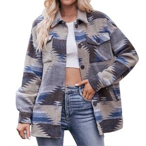 Aztec Southwest Ikat Shacket Blue Gray Button Down Casual Boho Fleece Cabin M